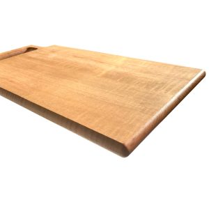 Unique cutting board with handle and round edges, made from hardwood maple.