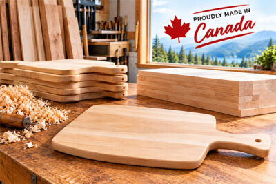 Wholesale Cutting Boards wood shop, proudly made in Canada, window view of Canadian mountains